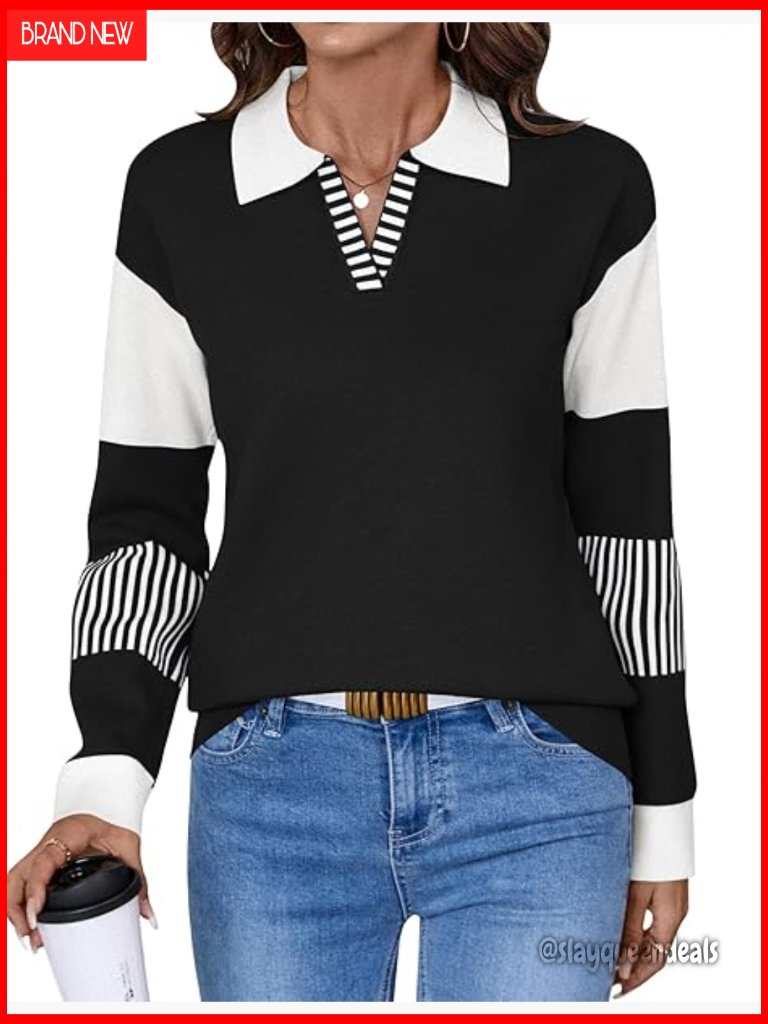 V-Neck Long Sleeve Color Block Striped Knit Pullover Sweater